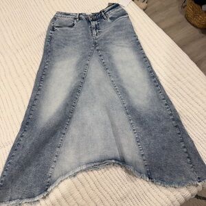 Denim Maxi Skirt in Light Wash with Raw Hem